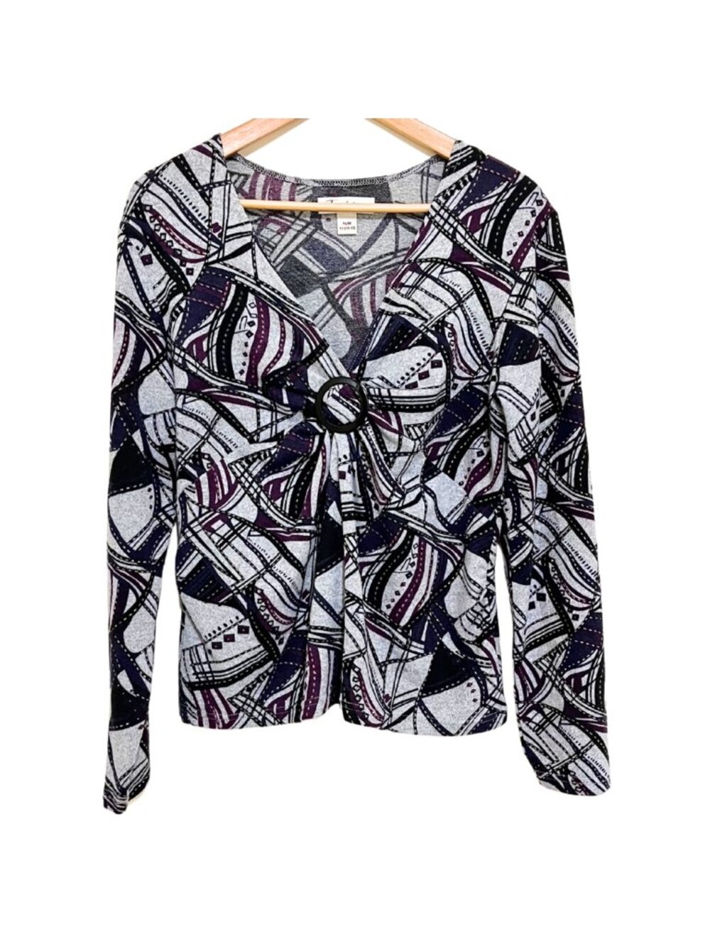 Abstract Silver Sparkle Purple Black Buckle V-Neck Blouse – Tradition, M (10-12)